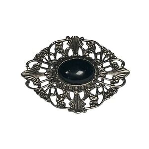 Vintage 1950s Mid-Century Silver Plated Filigree Brooch Pin with Black Cabochon‎